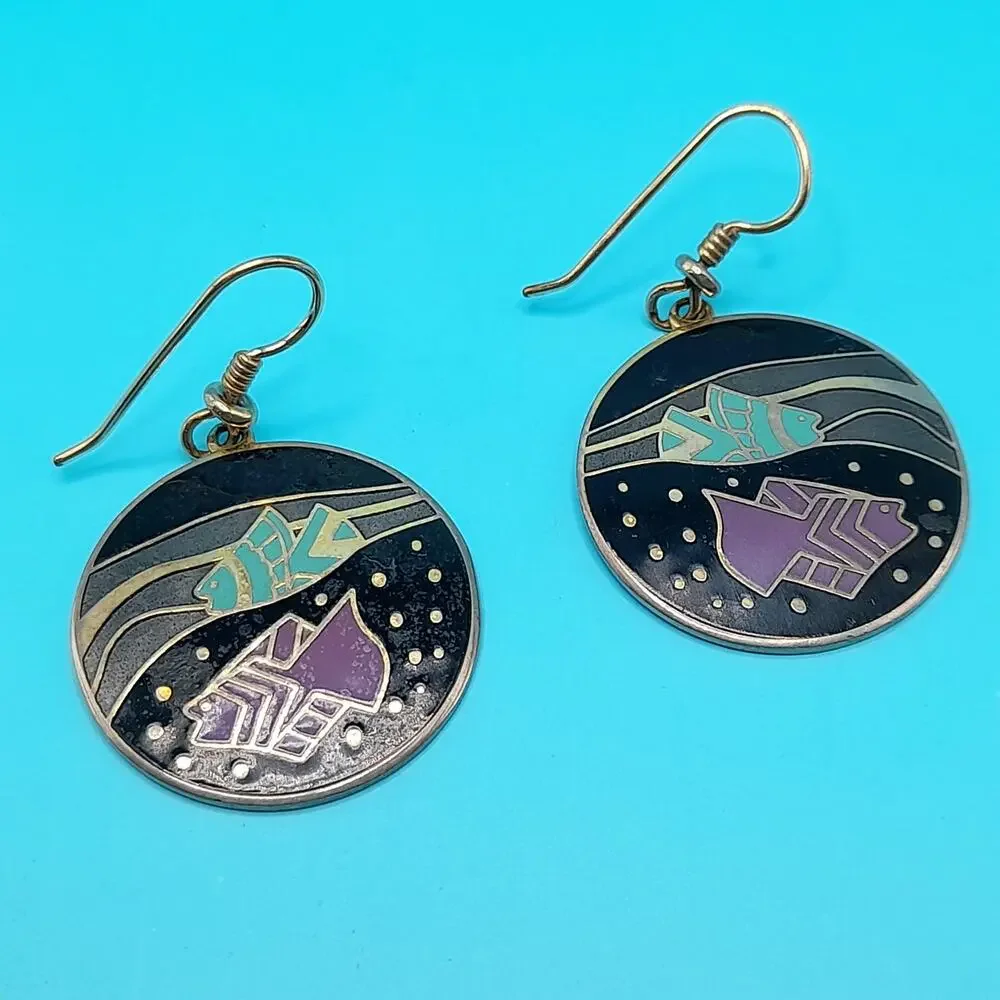 Vintage Laurel Burch Tropical Fish Drop Earrings, Cloisonné Enamel Gold Plated